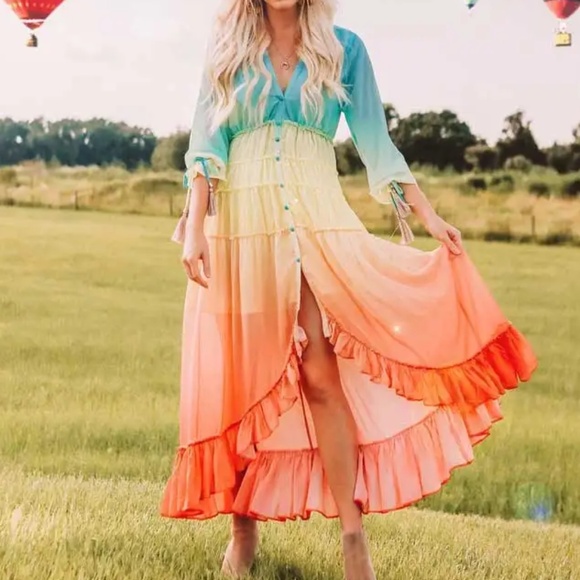 Boho Rainbow Ruffle High Low Button Kimono Maxi Dress - Picture 8 of 9